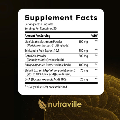 Nutraville CogniSurge Nootropics Brain Support Supplement for Memory and Focus - Nature-Powered Lion's Mane Supplement Capsules with Shilajit - No Caffeine or Stimulants - 30 Servings - Maple Wellness Supplements