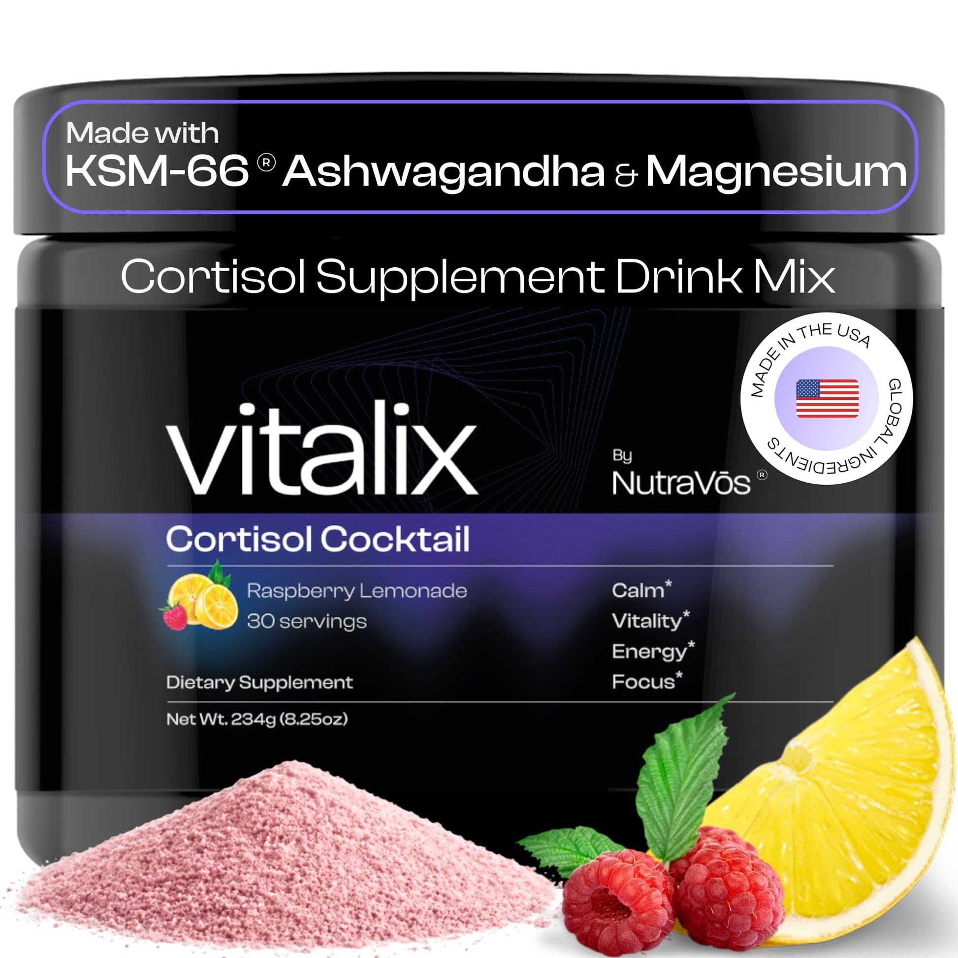 NutraVōs Vitalix – Cortisol Reducer & Adaptogen Drink Mix with Ashwagandha KSM 66, Magnesium Glycinate 200mg, L-Theanine 200mg, Vitamin C 500mg & Electrolytes – Raspberry Lemonade – 30 Servings - Maple Wellness Supplements