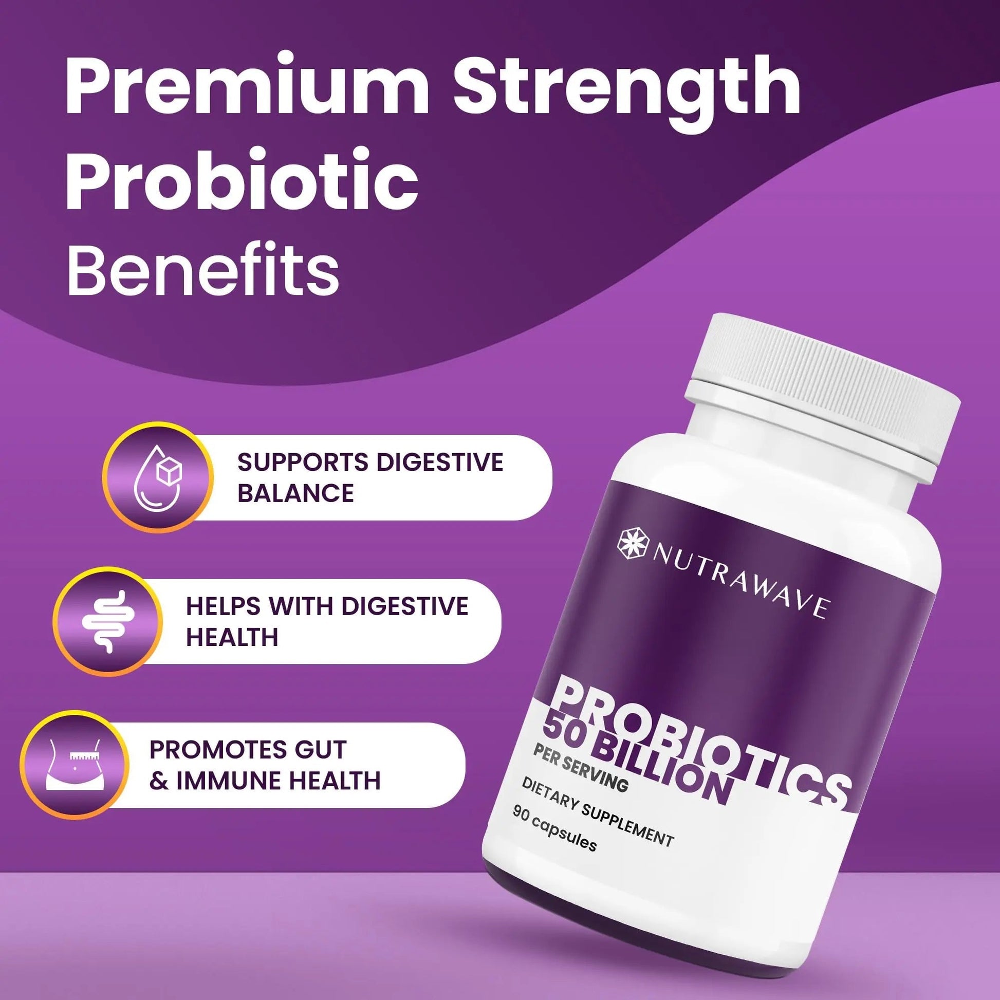 Nutrawave 50 Billion Probiotics for Women & Men, 15 Strains Active Culture. Relieves Bloating & Constipation, Improved Digestion & Gut Health Supplement, Vegan. 60 Powerful Small Capsules. - Maple Wellness Supplements