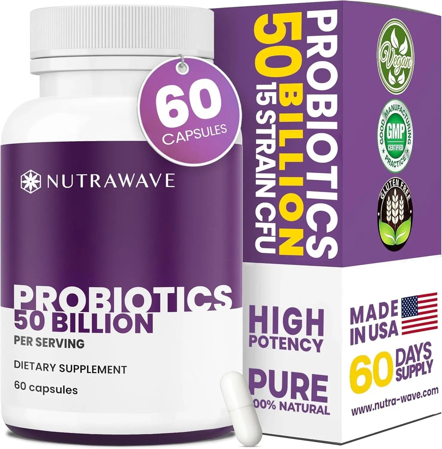 Nutrawave 50 Billion Probiotics for Women & Men, 15 Strains Active Culture. Relieves Bloating & Constipation, Improved Digestion & Gut Health Supplement, Vegan. 60 Powerful Small Capsules. - Maple Wellness Supplements