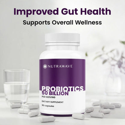 Nutrawave 50 Billion Probiotics for Women & Men, 15 Strains Active Culture. Relieves Bloating & Constipation, Improved Digestion & Gut Health Supplement, Vegan. 60 Powerful Small Capsules. - Maple Wellness Supplements