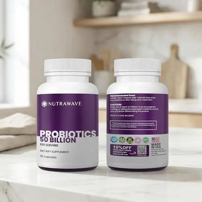 Nutrawave 50 Billion Probiotics for Women & Men, 15 Strains Active Culture. Relieves Bloating & Constipation, Improved Digestion & Gut Health Supplement, Vegan. 60 Powerful Small Capsules. - Maple Wellness Supplements