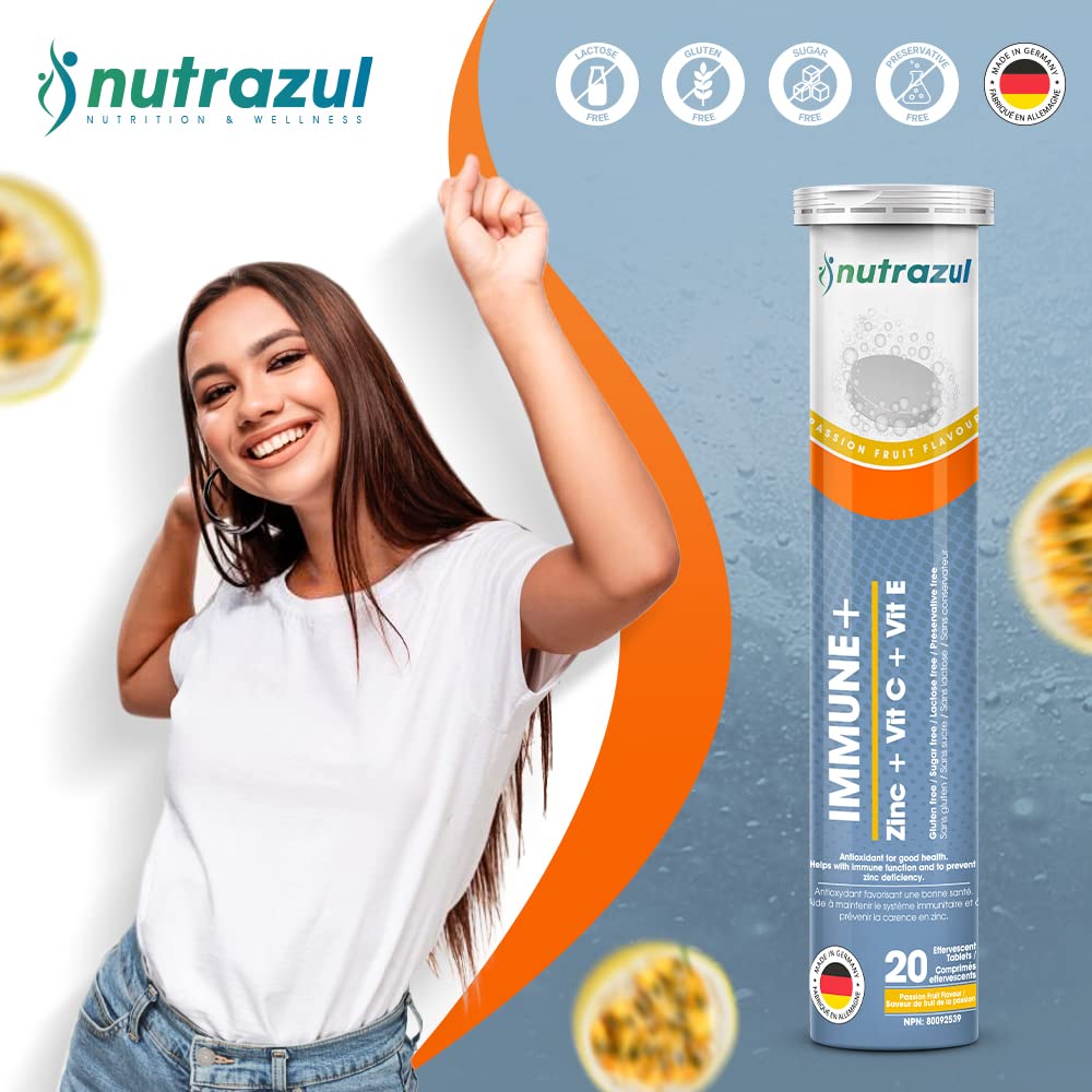 nutrazul Immune+ Effervescent Tablets, Vitamin C, Vitamin E & Zinc Supplement, Supports Overall Wellness with a VIT C, VIT E & Zinc Blend - Maple Wellness Supplements