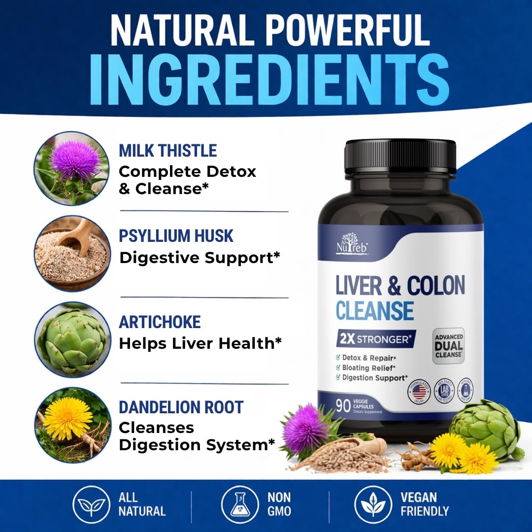 Nutreb Liver & Colon Cleanse - 2X Stronger - Liver Cleanse Detox & Repair - Colon Cleanser & Detox - Premium Milk Thistle Supplement - Maple Wellness Supplements