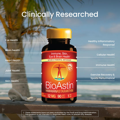 Nutrex Hawaii BioAstin Hawaiian Astaxanthin - 12mg, 90 Softgels - Farm-Direct Premium Antioxidant Supplement to Support Eye, Skin - Maple Wellness Supplements