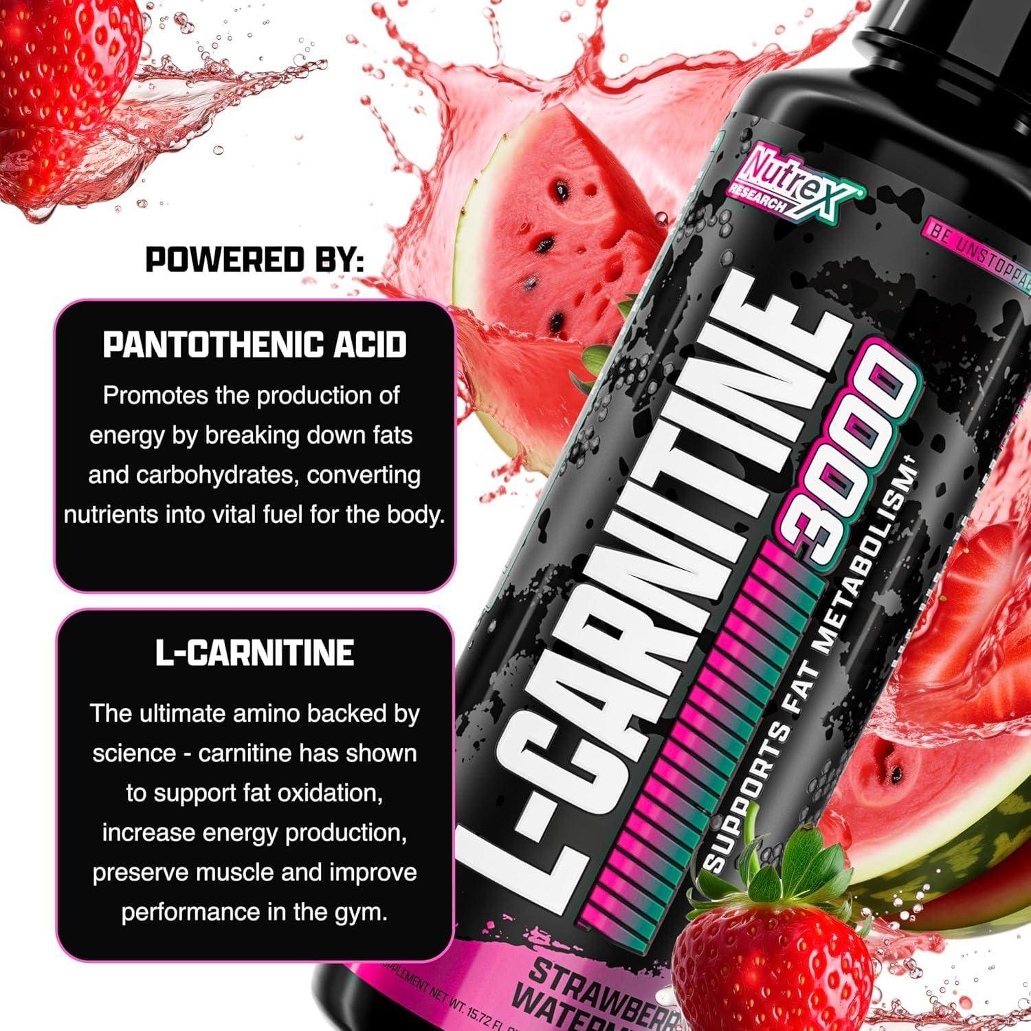 Nutrex Research L Carnitine 3000 - Clinically Dosed L-Carnitine Liquid for Energy, Metabolism & Muscle Recovery - Delicious Strawberry Watermelon - No Sugar, No Carbs - Maple Wellness Supplements