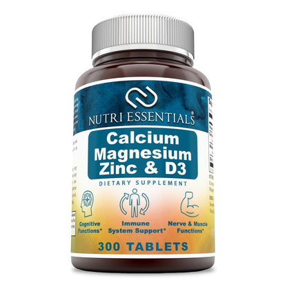 Nutri Essentials Calcium Magnesium Zinc + Vitamin D3 Tablets- Promotes Strong Bones & Teeth, Support Nerve & Muscle Function* (300 Count) - Maple Wellness Supplements
