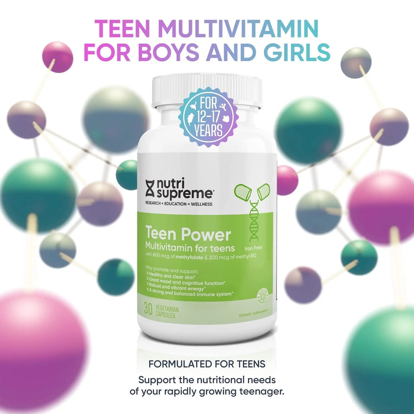 Nutri Supreme Teen Multivitamin for Boys and Girls 12-17, Best Kosher One Per Day Teen Vitamins, Formulated for Teen Development - Maple Wellness Supplements