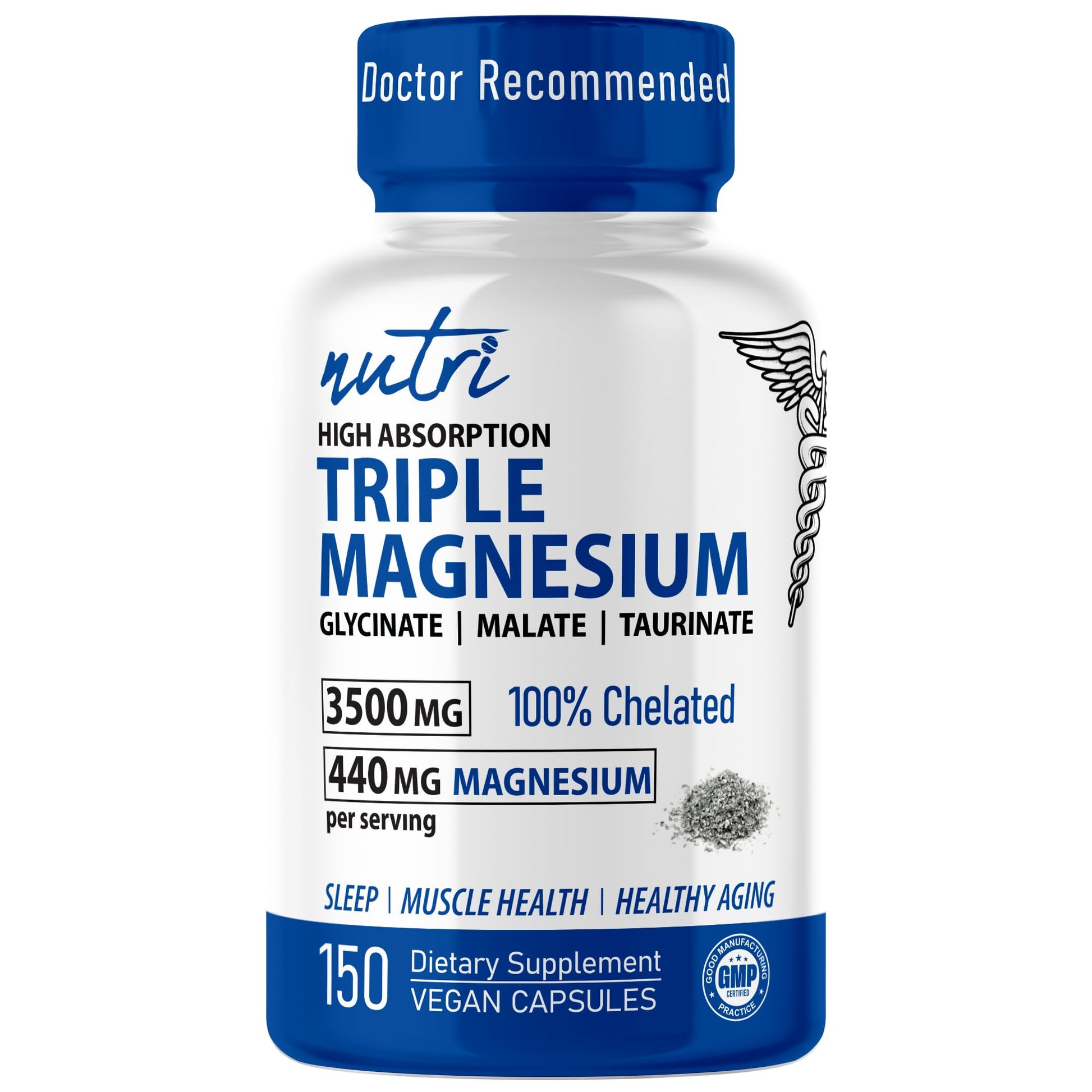 Nutri Triple Magnesium Complex 440mg - Magnesium Glycinate, Malate, & Taurinate - 100% Chelated for Maximum Absorption - 120 Vegan Capsules - Triple Complex Magnesium - Magnesio Triple Complex - Maple Wellness Supplements