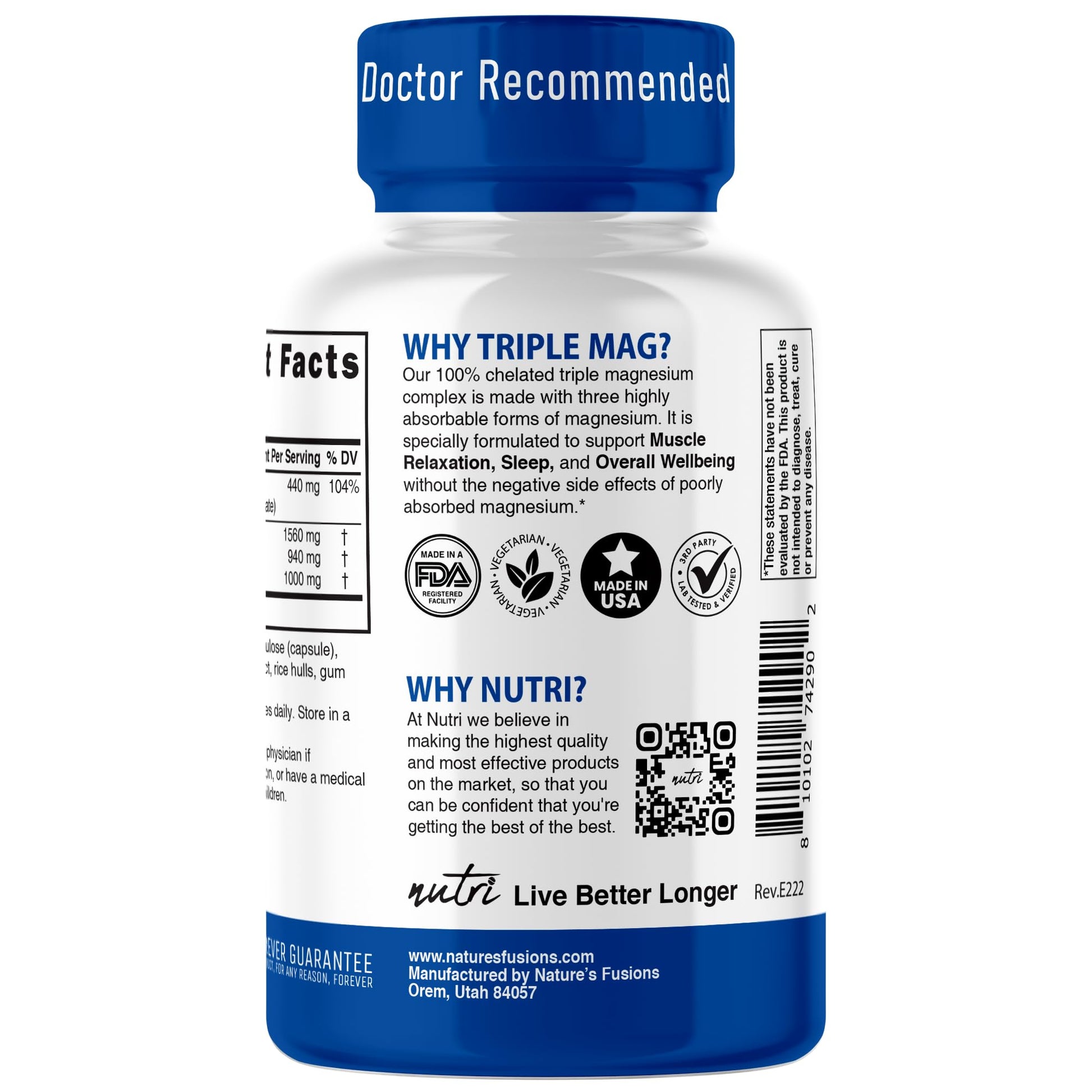 Nutri Triple Magnesium Complex 440mg - Magnesium Glycinate, Malate, & Taurinate - 100% Chelated for Maximum Absorption - 120 Vegan Capsules - Triple Complex Magnesium - Magnesio Triple Complex - Maple Wellness Supplements