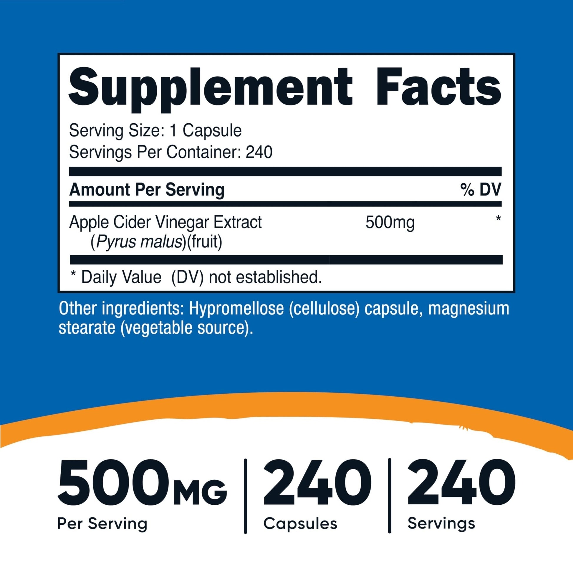 Nutricost Apple Cider Vinegar Capsules 500mg, 240 Vegetarian Capsules - Natural, Vegetarian, GMP, Non-GMO and Gluten Free - Maple Wellness Supplements