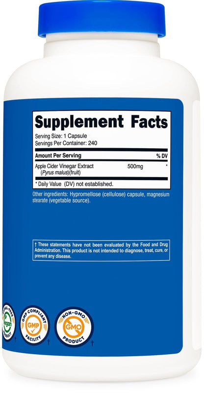 Nutricost Apple Cider Vinegar Capsules 500mg, 240 Vegetarian Capsules - Natural, Vegetarian, GMP, Non-GMO and Gluten Free - Maple Wellness Supplements