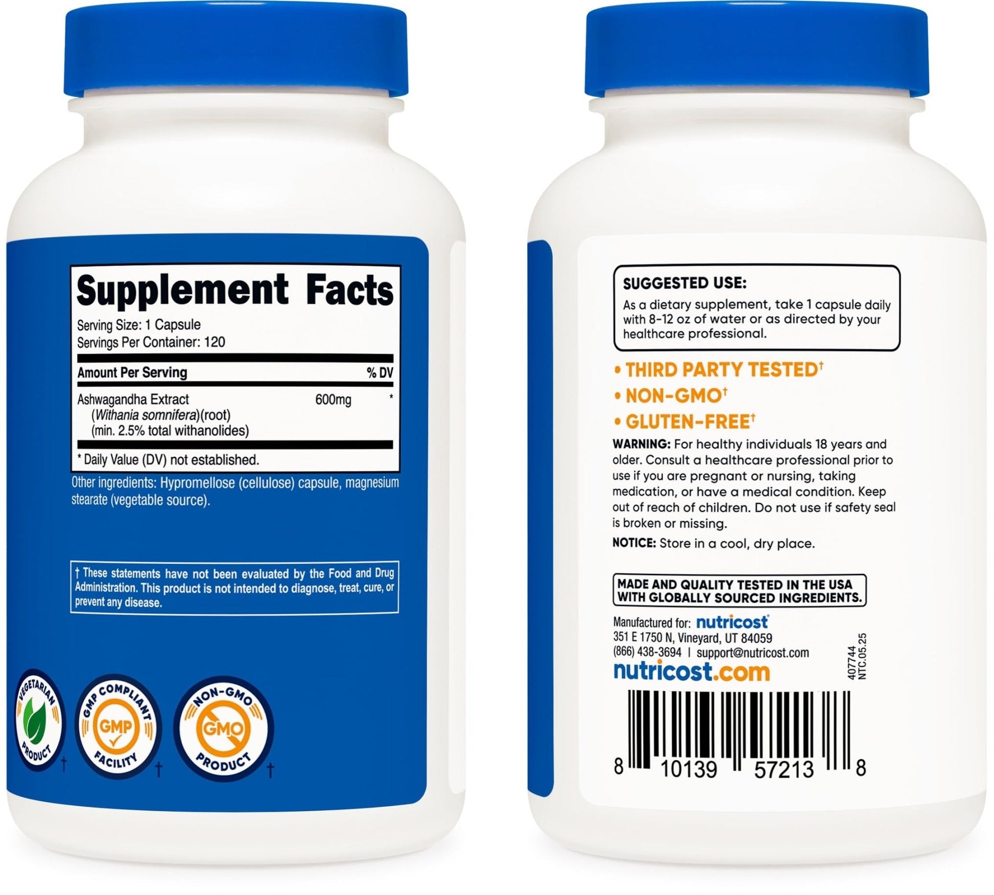 Nutricost Ashwagandha Herbal Supplement 600mg, 120 Capsules - Vegetarian, Non-GMO, Gluten Free, Ashwagandha Root - Maple Wellness Supplements