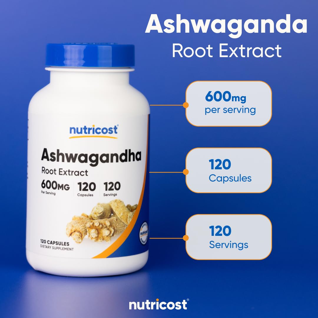 Nutricost Ashwagandha Herbal Supplement 600mg, 120 Capsules - Vegetarian, Non-GMO, Gluten Free, Ashwagandha Root - Maple Wellness Supplements