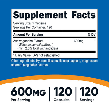 Nutricost Ashwagandha Herbal Supplement 600mg, 120 Capsules - Vegetarian, Non-GMO, Gluten Free, Ashwagandha Root - Maple Wellness Supplements