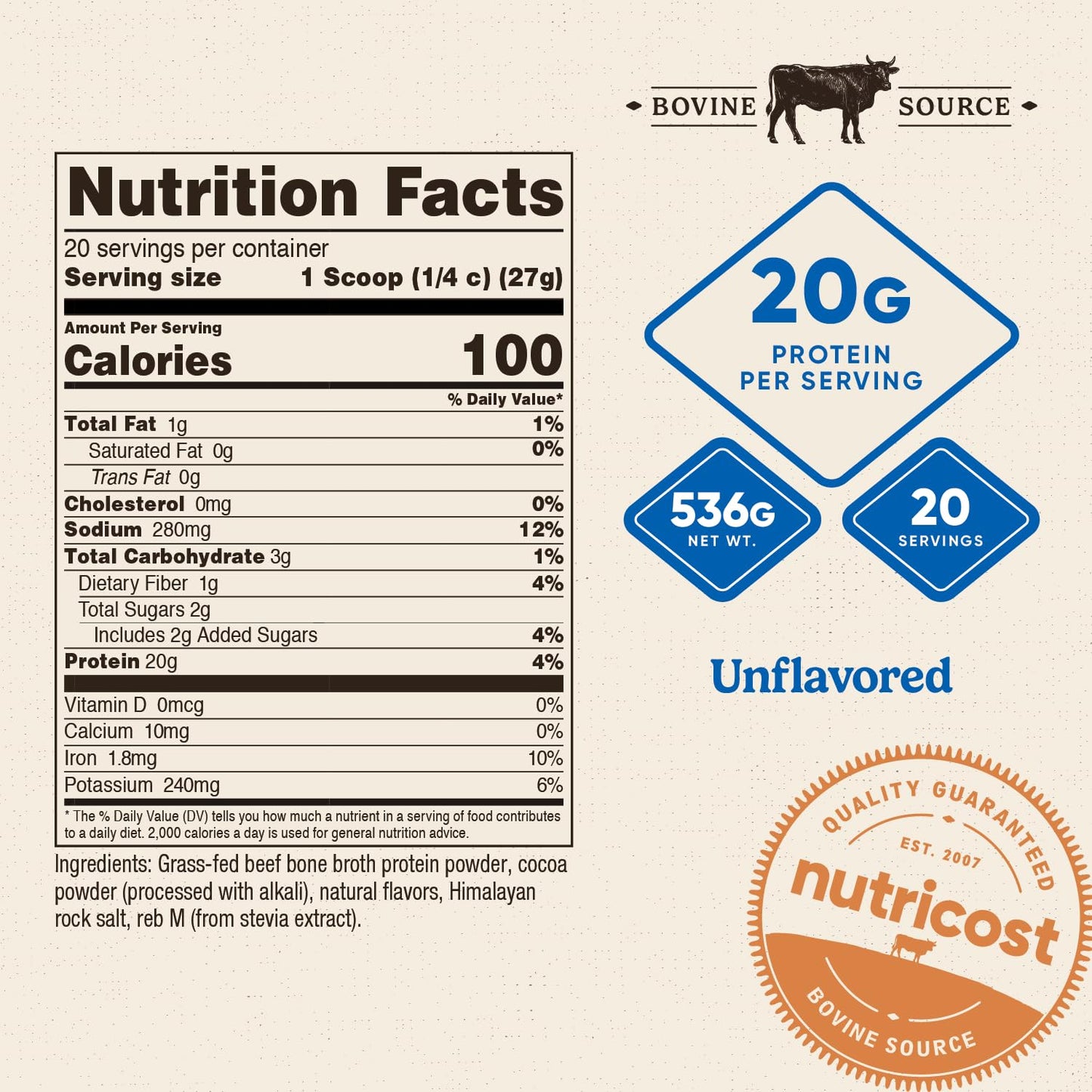 Nutricost Beef Bone Broth Protein Powder Chocolate (20 Servings) - Gluten-Free, GMO-Free - Maple Wellness Supplements