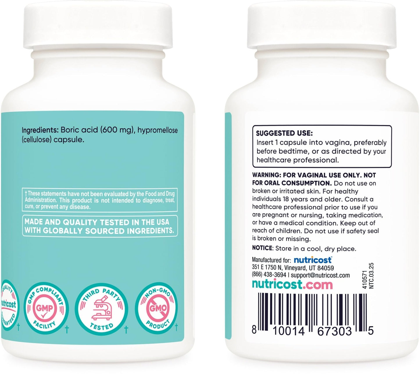 Nutricost Boric Acid 600mg, 30 Capsules - Vaginal Suppository - Non-GMO - for Women - Maple Wellness Supplements