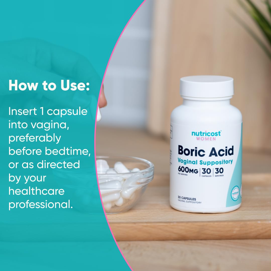 Nutricost Boric Acid 600mg, 30 Capsules - Vaginal Suppository - Non-GMO - for Women - Maple Wellness Supplements