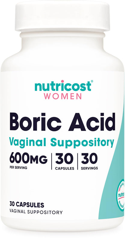 Nutricost Boric Acid 600mg, 30 Capsules - Vaginal Suppository - Non-GMO - for Women - Maple Wellness Supplements