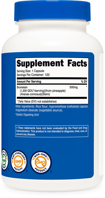 Nutricost Bromelain 500mg, 120 Vegetarian Capsules - Bromelain (1200 GDU), Non-GMO, Gluten Free - Maple Wellness Supplements