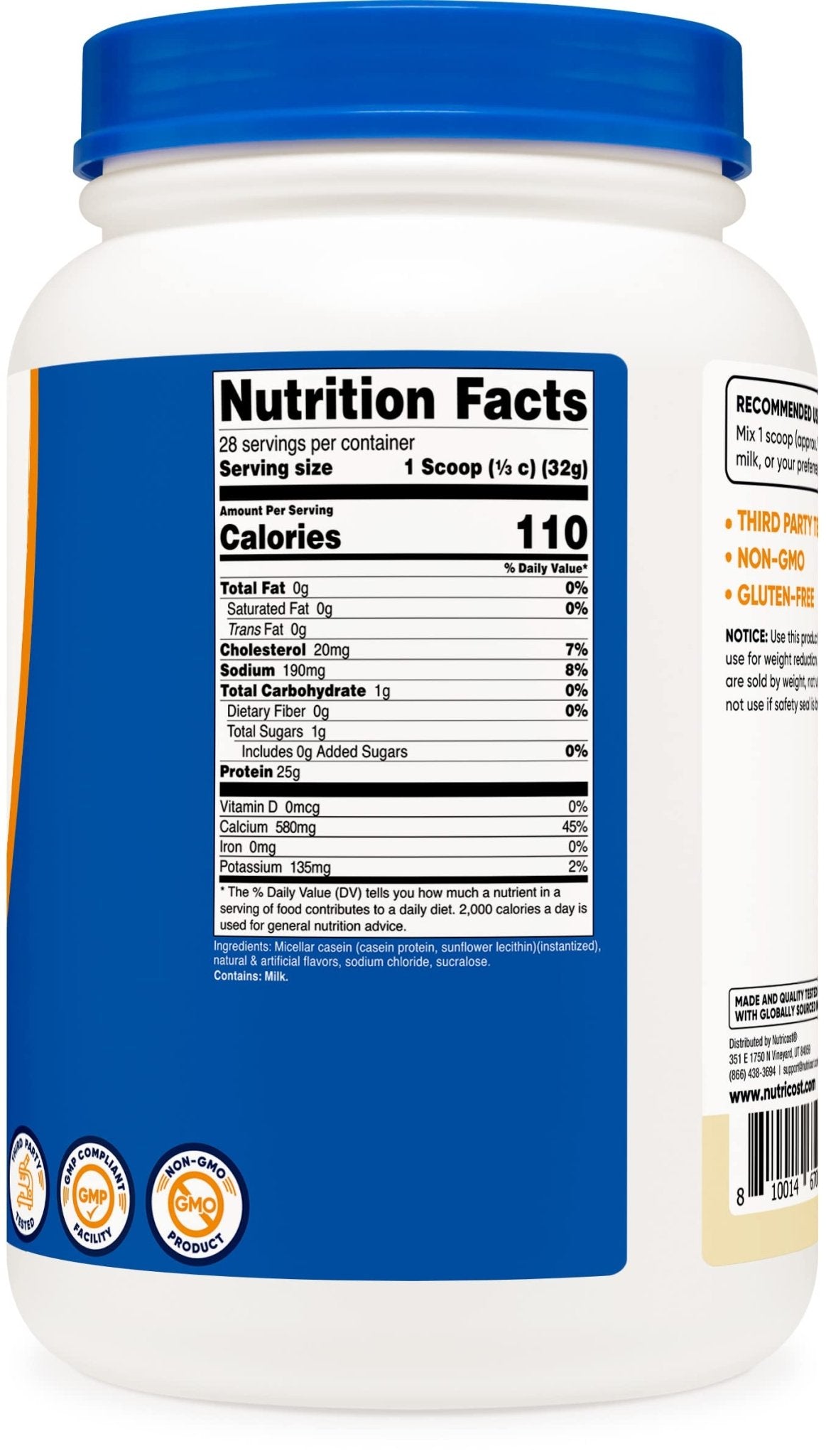 Nutricost Casein Protein Powder 2lb Vanilla - Micellar Casein, Gluten Free, Non-GMO - Maple Wellness Supplements