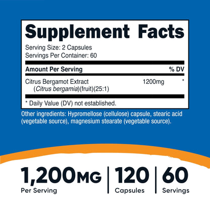 Nutricost Citrus Bergamot Capsules 1,200mg, 120 Capsules - 25:1 Bergamot Extract - 60 Servings, Gluten Free, Vegan & Non-GMO - Maple Wellness Supplements