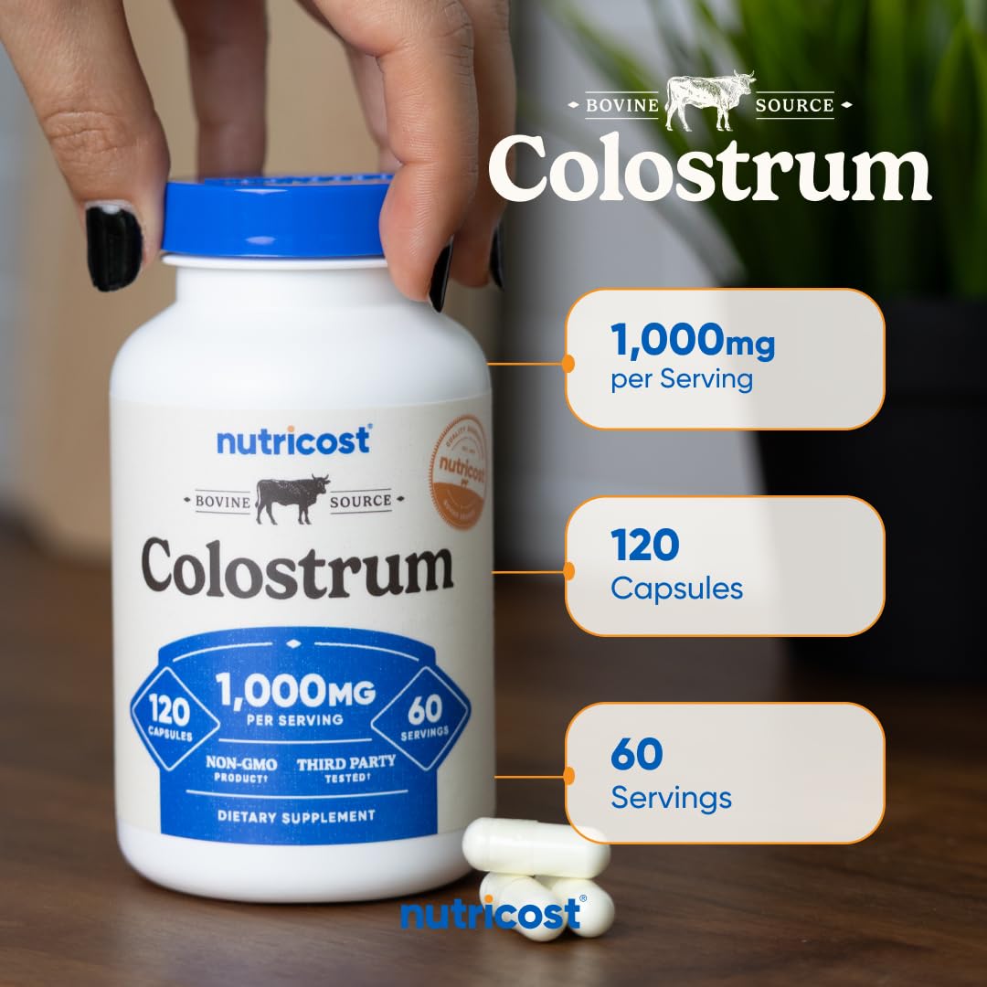 Nutricost Colostrum 1000mg, 120 Capsules - Gluten Free & GMO Free, 60 Servings - Maple Wellness Supplements
