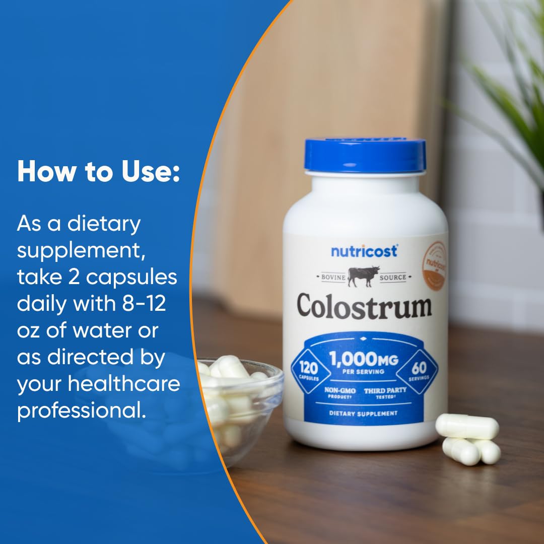 Nutricost Colostrum 1000mg, 120 Capsules - Gluten Free & GMO Free, 60 Servings - Maple Wellness Supplements