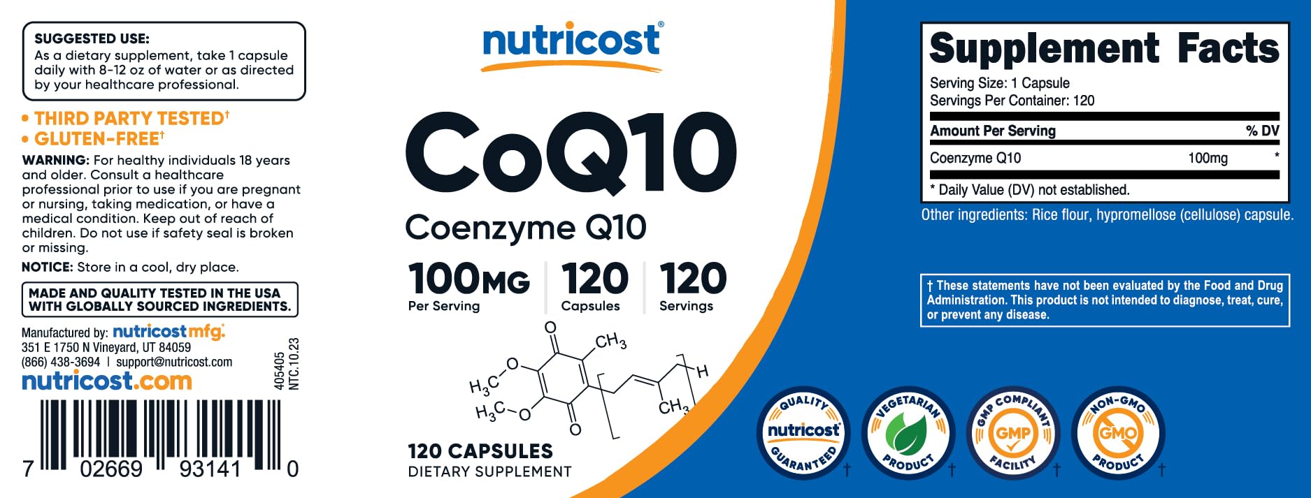 Nutricost CoQ10 100mg, 120 Vegetarian Capsules, 120 Servings - High Absorption, Vegetarian, Non-GMO, Coenzyme Q10 - Maple Wellness Supplements