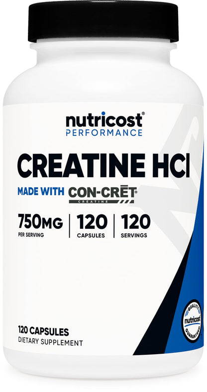 Nutricost Creatine HCl 120 Capsules - Made with CON-CRET Creatine, 750 MG Per Capsule - Maple Wellness Supplements