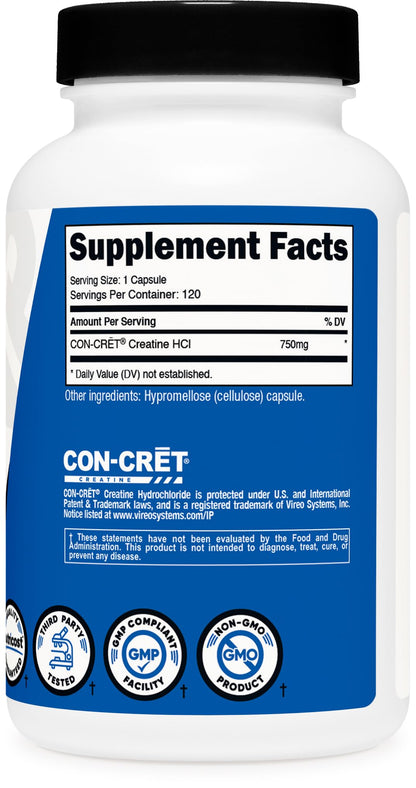 Nutricost Creatine HCl 120 Capsules - Made with CON-CRET Creatine, 750 MG Per Capsule - Maple Wellness Supplements