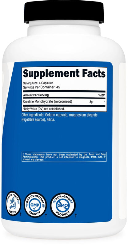 Nutricost Creatine Monohydrate 3,000mg, 180 Capsules (750mg Per Capsule) - Gluten Free, Non-GMO - Maple Wellness Supplements