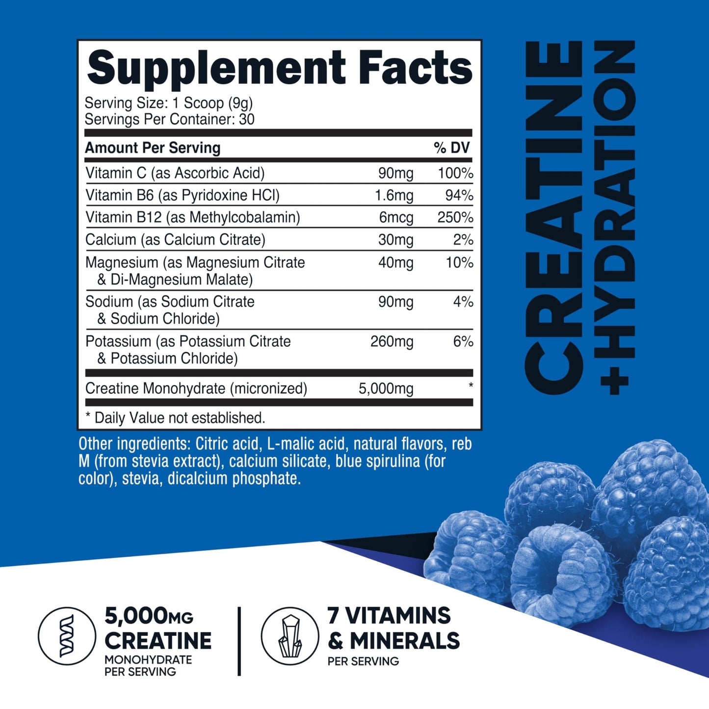 Nutricost Creatine Monohydrate + Hydration Blue Raspberry Flavored (30 Servings) - 7 Vitamins & Minerals, 5000mg of Creatine Per Serving - Maple Wellness Supplements