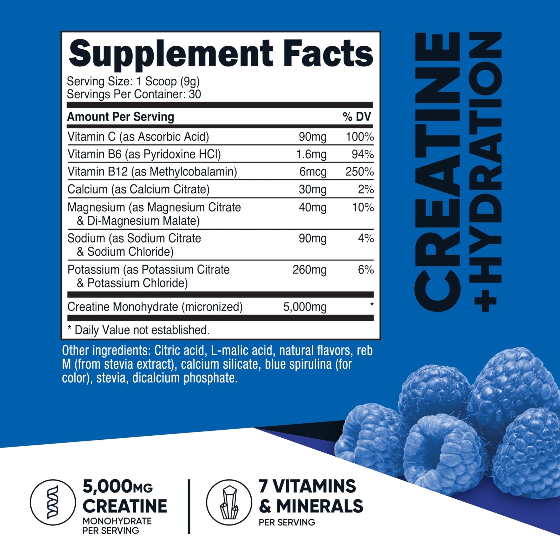 Nutricost Creatine Monohydrate + Hydration Blue Raspberry Flavored (30 Servings) - 7 Vitamins & Minerals, 5000mg of Creatine Per Serving - Maple Wellness Supplements