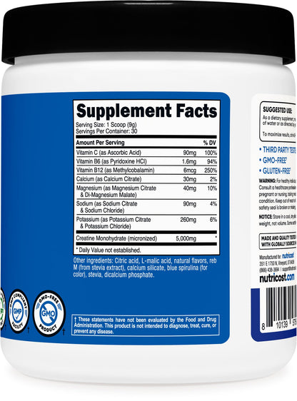 Nutricost Creatine Monohydrate + Hydration Blue Raspberry Flavored (30 Servings) - 7 Vitamins & Minerals, 5000mg of Creatine Per Serving - Maple Wellness Supplements