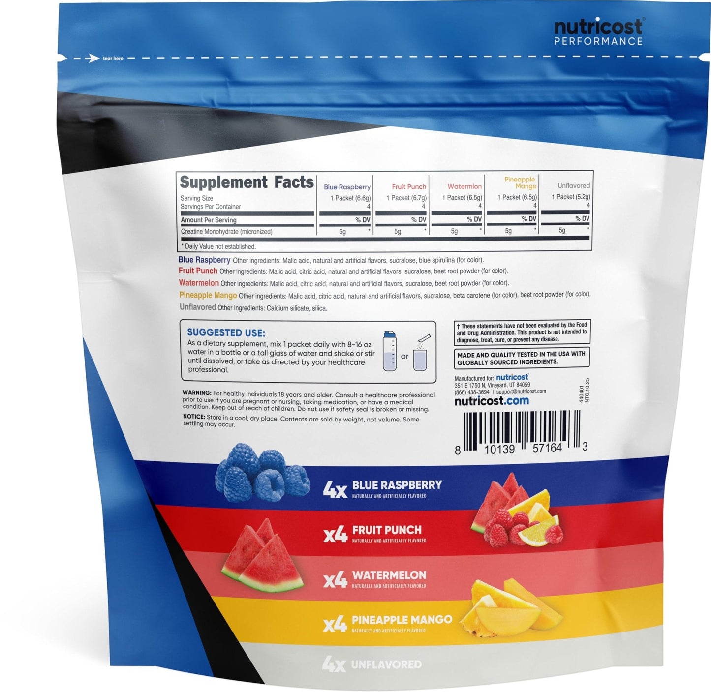 Nutricost Creatine Monohydrate Powder Variety Stickpacks (5 Flavors, 20 Servings) - Micronized, 5 Grams of Creatine Monohydrate Per Pack - Maple Wellness Supplements