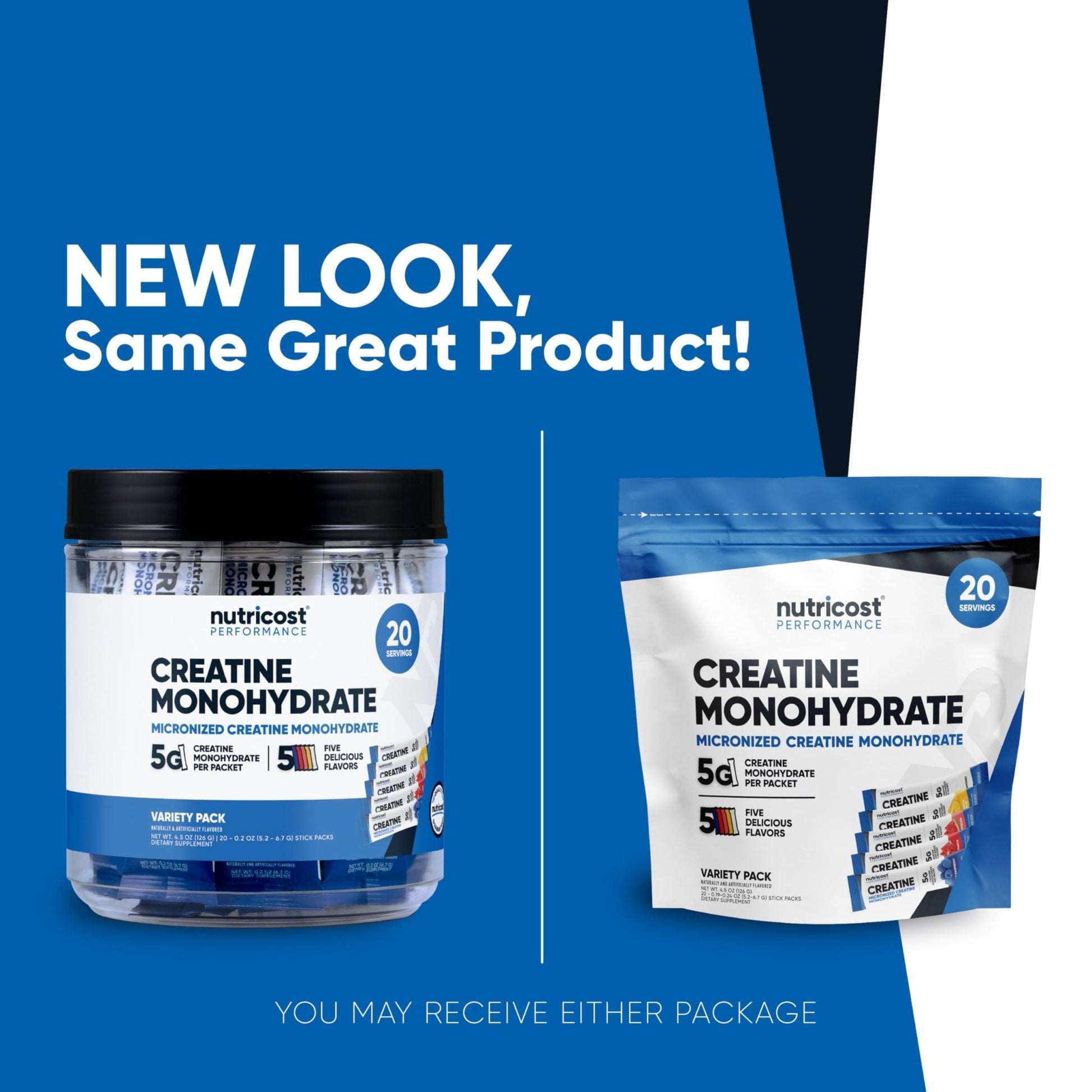 Nutricost Creatine Monohydrate Powder Variety Stickpacks (5 Flavors, 20 Servings) - Micronized, 5 Grams of Creatine Monohydrate Per Pack - Maple Wellness Supplements