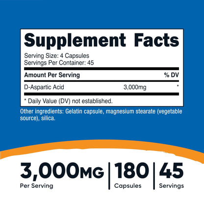Nutricost D-Aspartic Acid (DAA) Capsules 3000mg Per Serving (180 Capsules) - Non-GMO - Maple Wellness Supplements