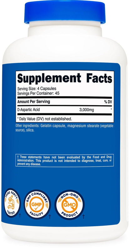 Nutricost D-Aspartic Acid (DAA) Capsules 3000mg Per Serving (180 Capsules) - Non-GMO - Maple Wellness Supplements