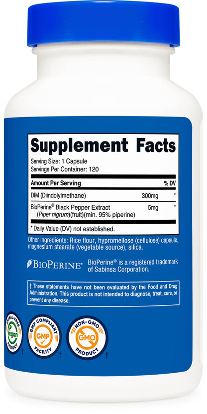 Nutricost DIM (Diindolylmethane) Plus BioPerine 300mg, 120 Vegetarian Capsules - Up to 4 Month Supply, Max Strength DIM Supplement - Maple Wellness Supplements