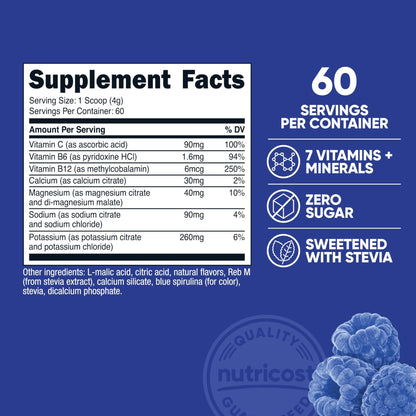 Nutricost Electrolyte Complex Powder (60 Servings, Blue Raspberry) - Hydration Supplement Drink Mix with Vitamins and Minerals - Maple Wellness Supplements