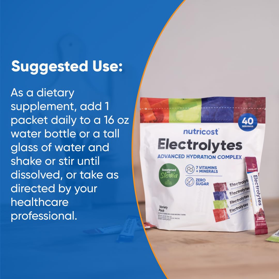 Nutricost Electrolytes Complex, Variety Pack Flavored, 40 Stickpacks - Advanced Hydration Complex - Maple Wellness Supplements
