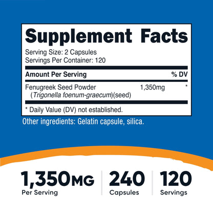 Nutricost Fenugreek Seed 1350mg, 240 Capsules - Gluten Free, Non-GMO, 675mg Per Capsule - Maple Wellness Supplements