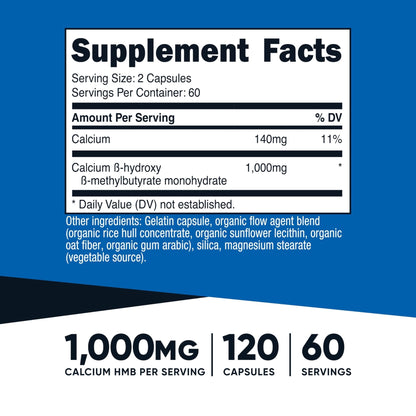Nutricost HMB (Beta-Hydroxy Beta-Methylbutyrate) 1000mg (120 Capsules) - 500mg Per Capsule, 60 Servings - Gluten Free and Non-GMO - Maple Wellness Supplements