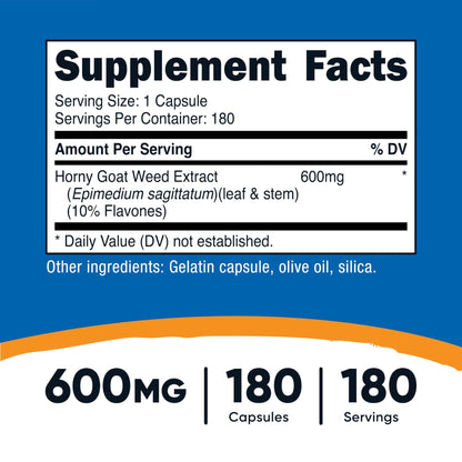 Nutricost Horny Goat Weed Extract (Epimedium) - 180 Capsules, 180 Servings, 600mg Per Capsule - Maple Wellness Supplements