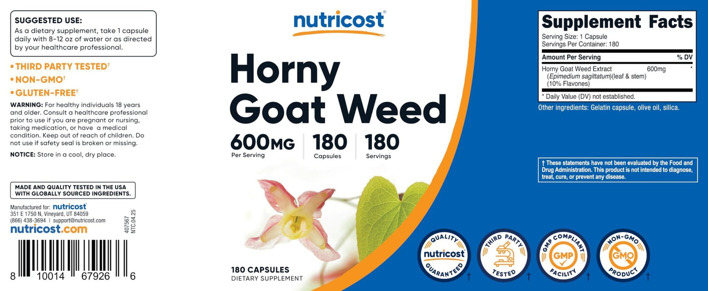 Nutricost Horny Goat Weed Extract (Epimedium) - 180 Capsules, 180 Servings, 600mg Per Capsule - Maple Wellness Supplements