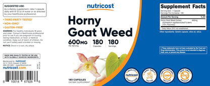 Nutricost Horny Goat Weed Extract (Epimedium) - 180 Capsules, 180 Servings, 600mg Per Capsule - Maple Wellness Supplements
