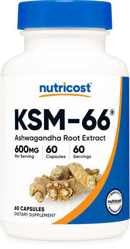Nutricost KSM-66 Ashwagandha Root Extract 600mg, 60 Veggie Caps - 5% Withanolides - with BioPerine - Full-Spectrum Root Extract - Maple Wellness Supplements