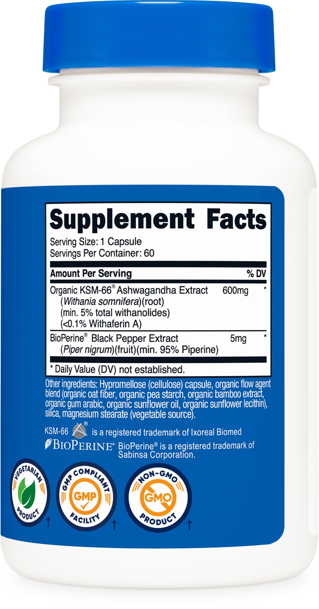 Nutricost KSM-66 Ashwagandha Root Extract 600mg, 60 Veggie Caps - 5% Withanolides - with BioPerine - Full-Spectrum Root Extract - Maple Wellness Supplements