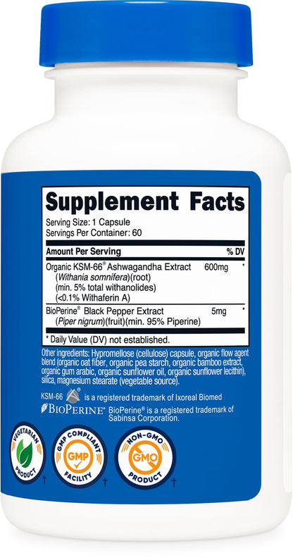 Nutricost KSM-66 Ashwagandha Root Extract 600mg, 60 Veggie Caps - 5% Withanolides - with BioPerine - Full-Spectrum Root Extract - Maple Wellness Supplements
